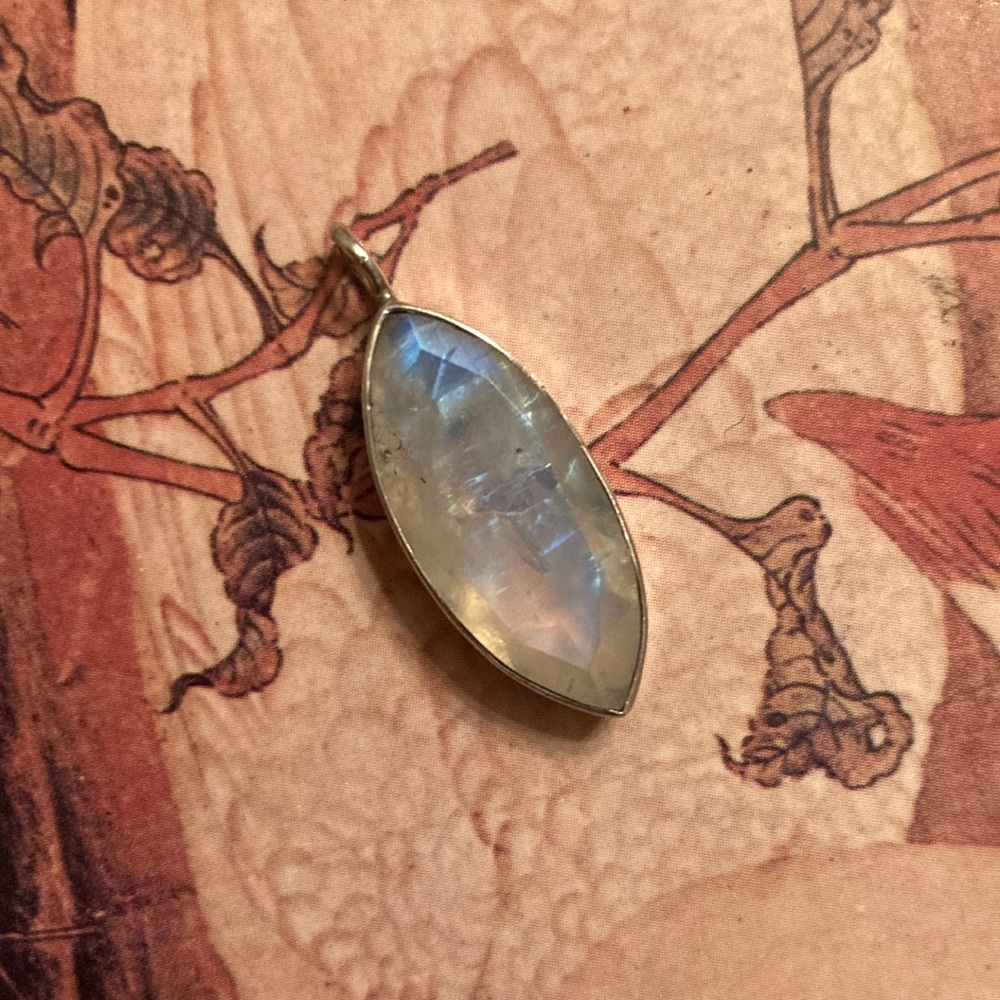 Moonstone Pendant blue flash and cloudy white appearance. Beveled cut vintage